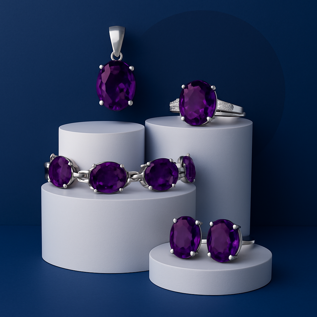 Amethyst 925 Collection - A set of fine silver jewelry featuring oval-cut amethyst gemstones including a ring, pendant, earrings, and bracelet, arranged on a sapphire blue background